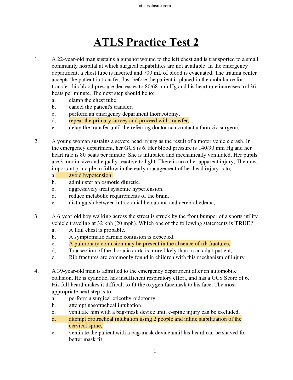 Preview image for ATLS2 PRACTICE TEST 2 - Advanced Trauma Life Support